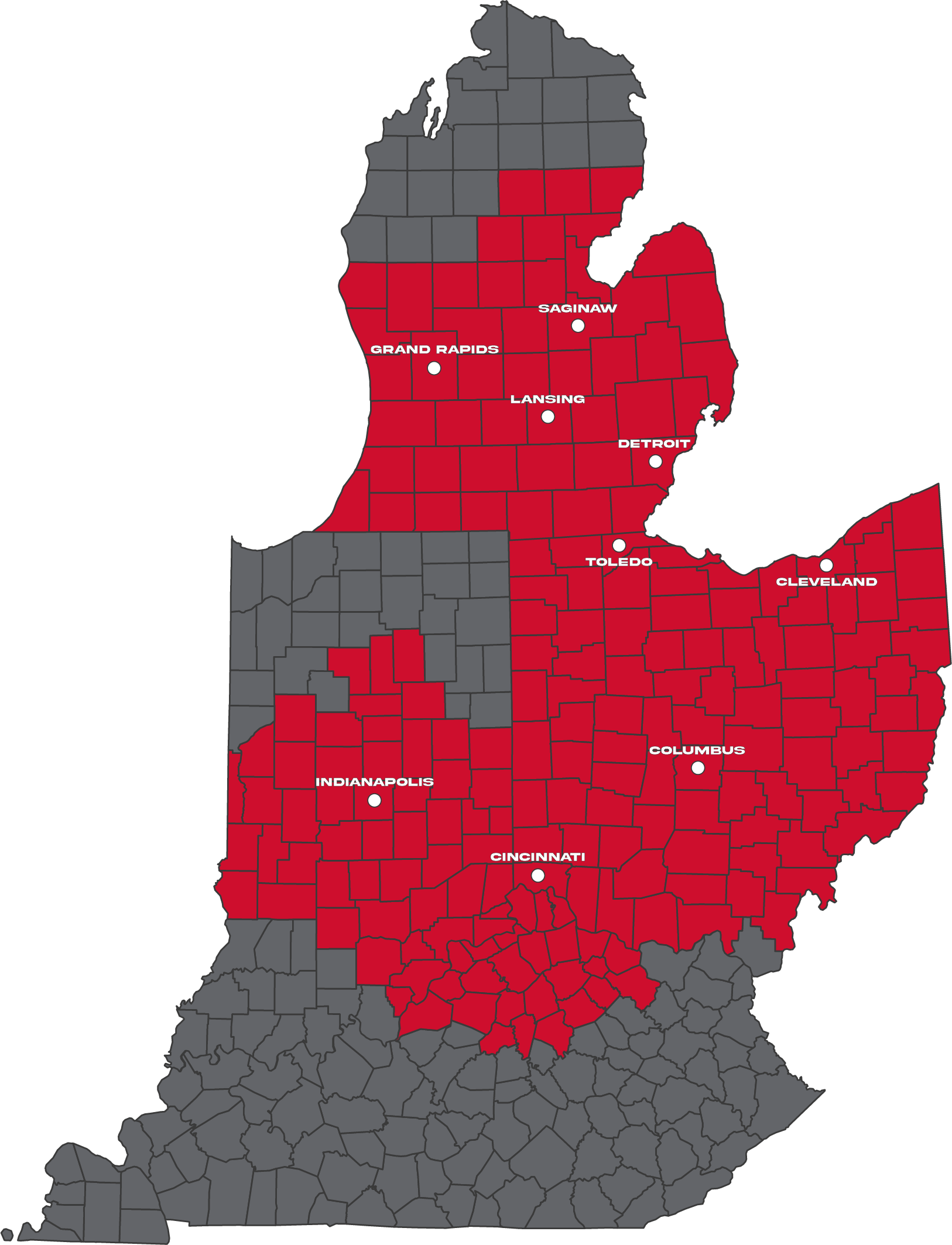 Map highlighting counties in red across parts of Michigan, Indiana, and Ohio. Major cities: Grand Rapids, Lansing, Detroit, Indianapolis, Cincinnati, Columbus.