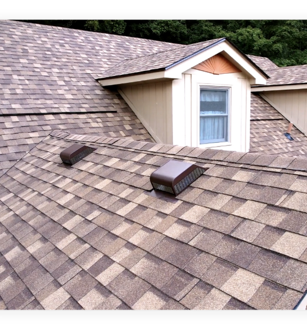 Shingled roof with brown vent covers, a cream-colored dormer window, and surrounding greenery. No people or landmarks visible. Peaceful residential setting.