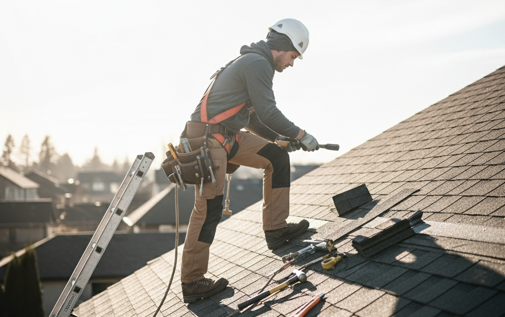 A person wearing a safety harness and helmet works on a roof damanage repair with various tools, under sunny skies.